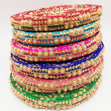 Fuchsia Pink Fabric Embroidered Trim with Gold Beads, Decorative Sari Trim, Trim By 3 Yards